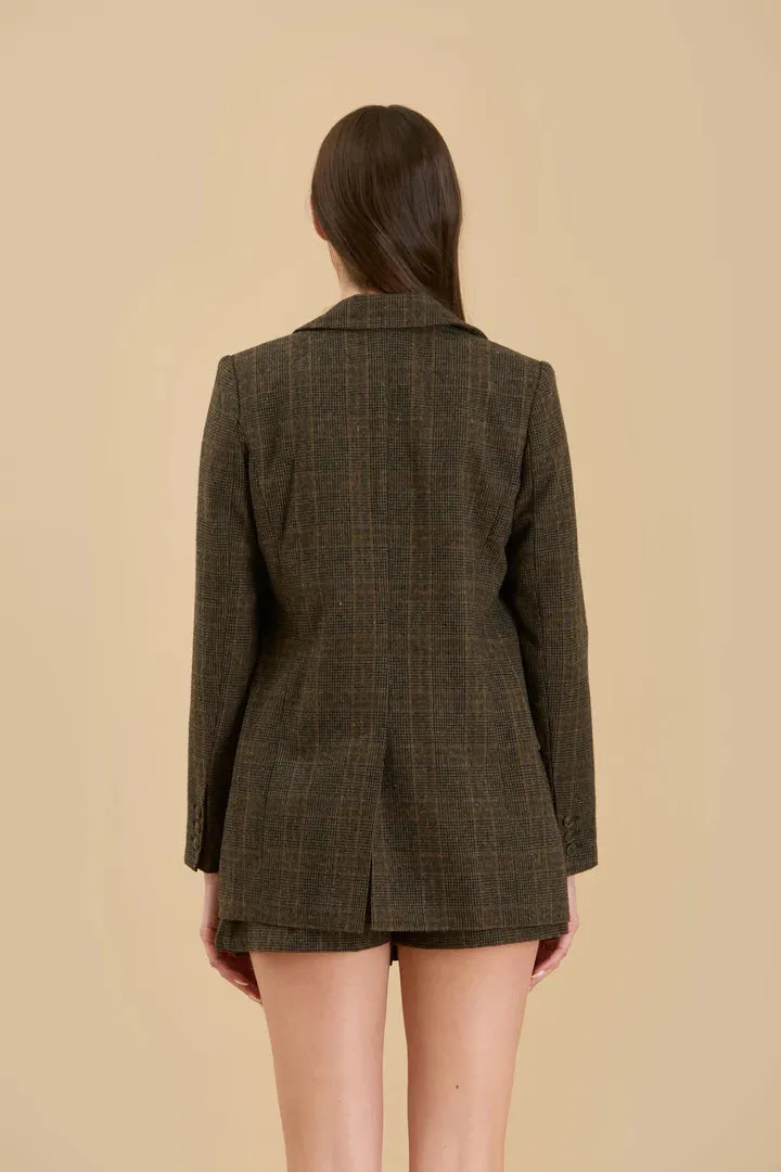 Plaid Front Button Blazer - Dark Mocha