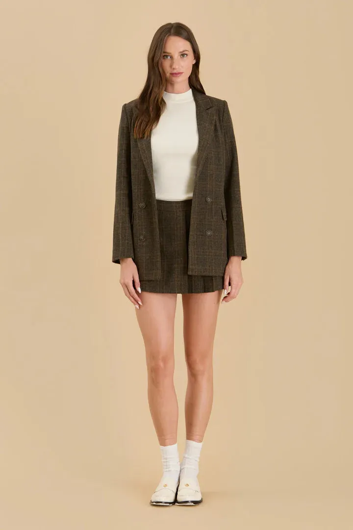 Plaid Front Button Blazer - Dark Mocha
