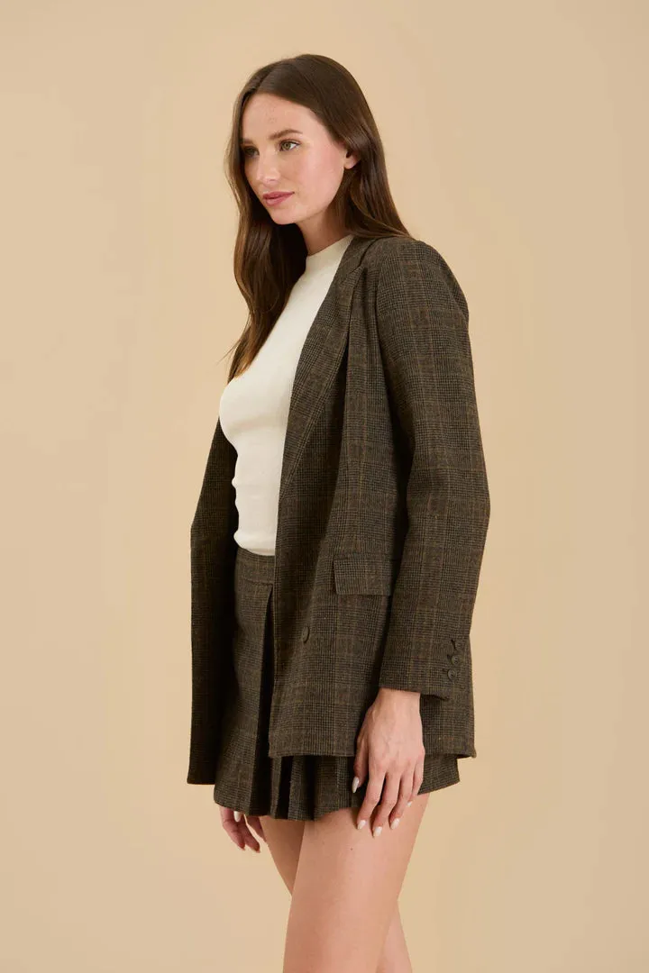 Plaid Front Button Blazer - Dark Mocha