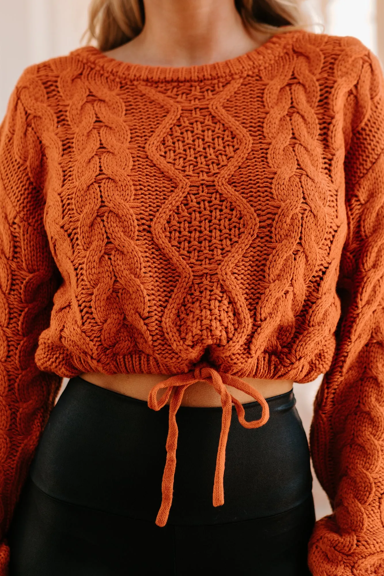 Points To Cozy Drawstring Hem Cropped Cable Knit Sweater (Burnt Orange)