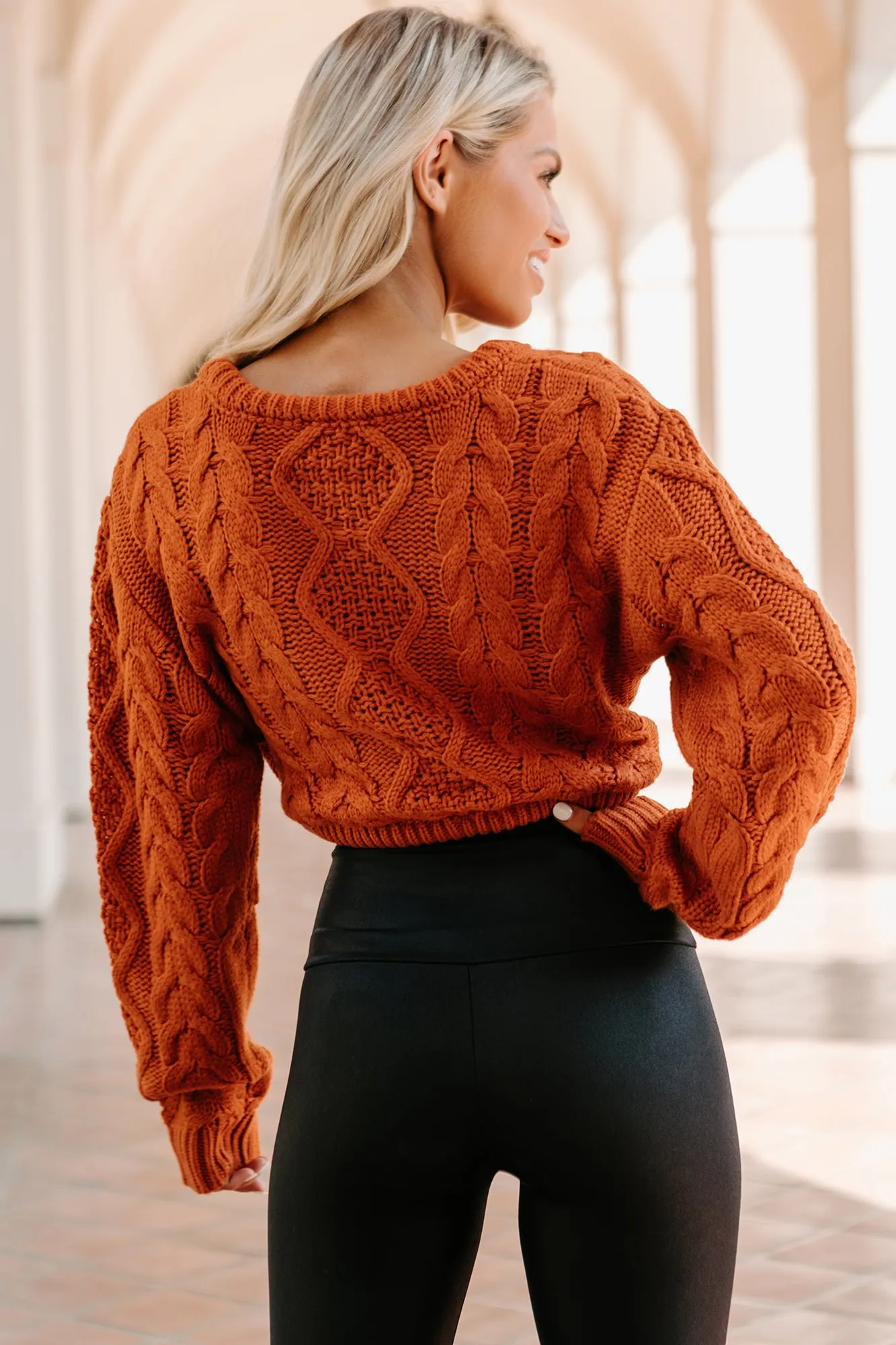 Points To Cozy Drawstring Hem Cropped Cable Knit Sweater (Burnt Orange)