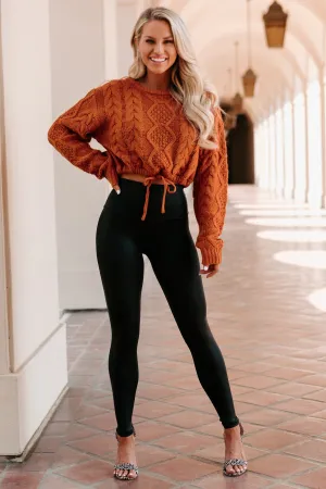 Points To Cozy Drawstring Hem Cropped Cable Knit Sweater (Burnt Orange)