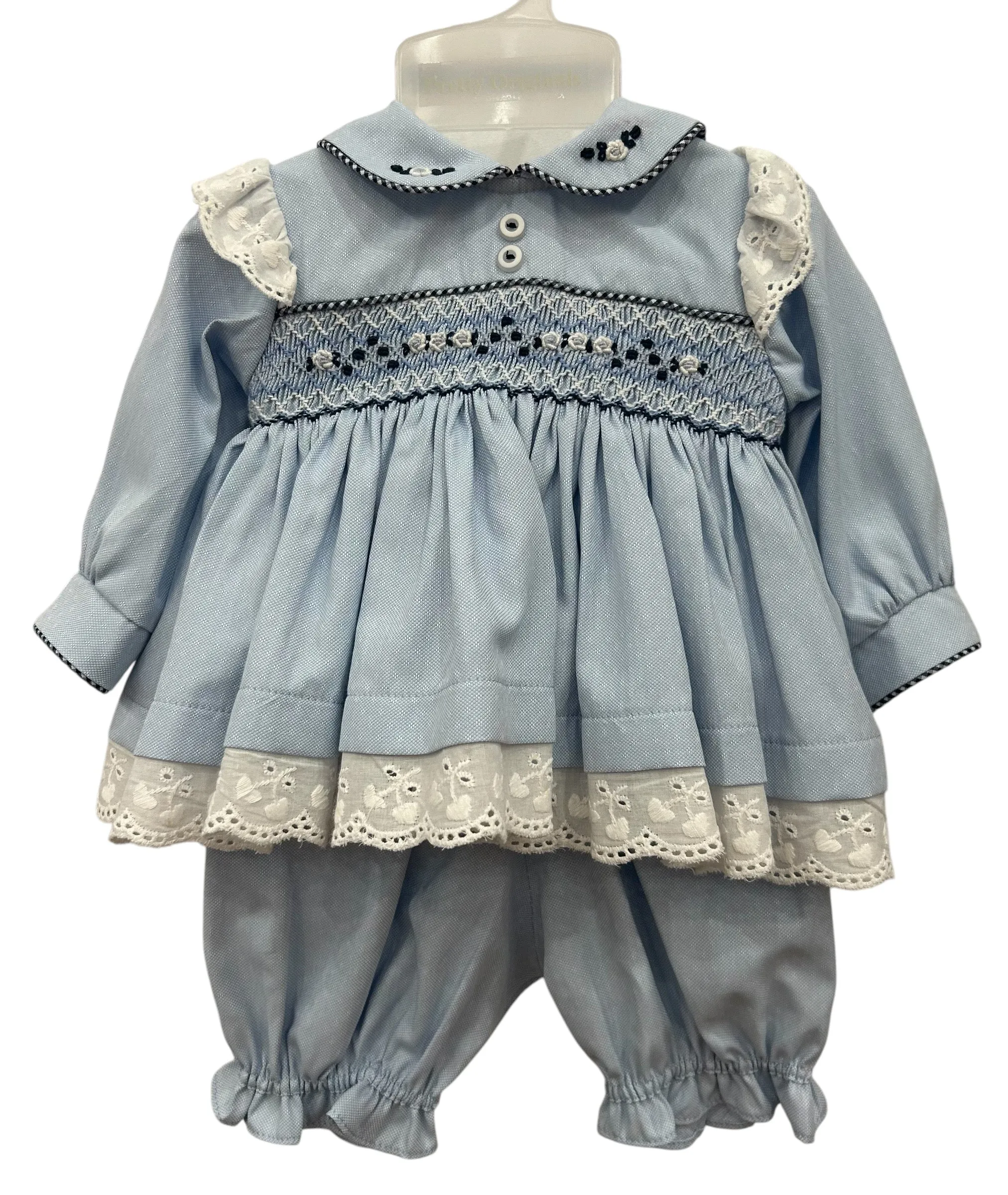 Pretty Originals Pink Smocked Dress With Blommers And Bow