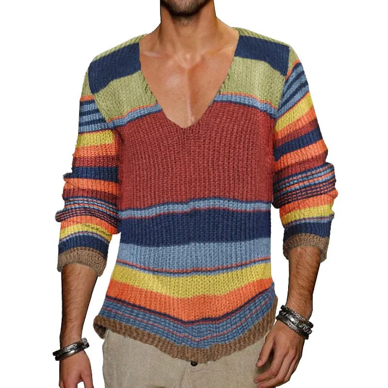 Pull en tricot à col en V vintage à rayures arc-en-ciel