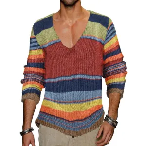Pull en tricot à col en V vintage à rayures arc-en-ciel