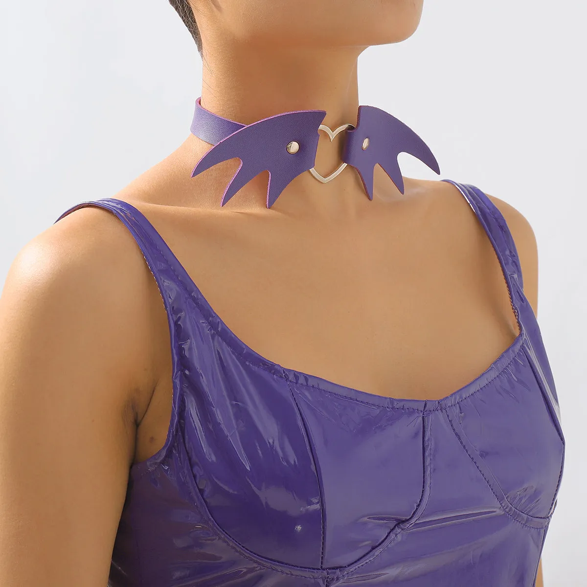 Purple Polystyrene & Silver-Plated Bat Wing Heart Choker Necklace