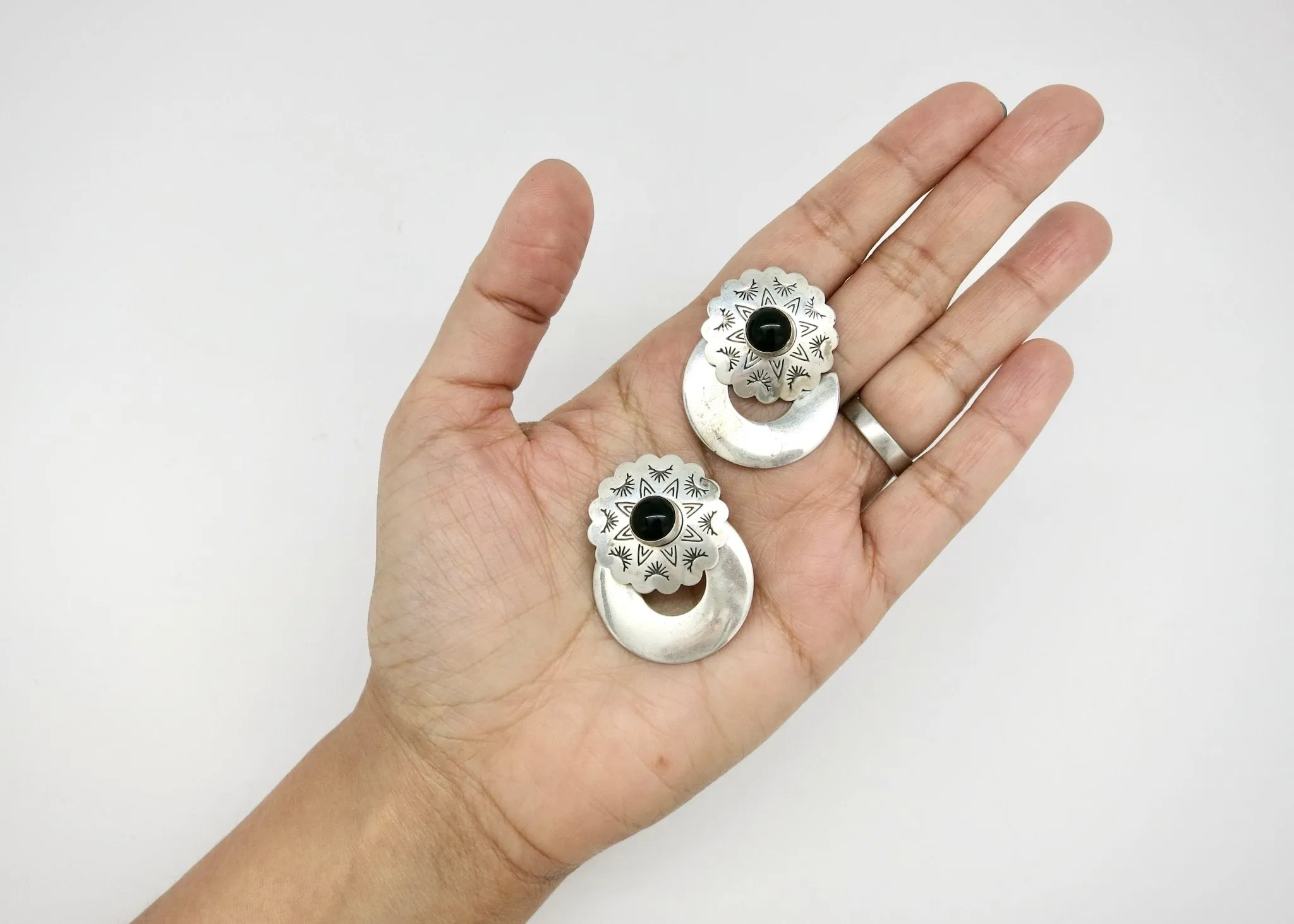 Rare, Native American modular ear jacket earrings with onyx studs