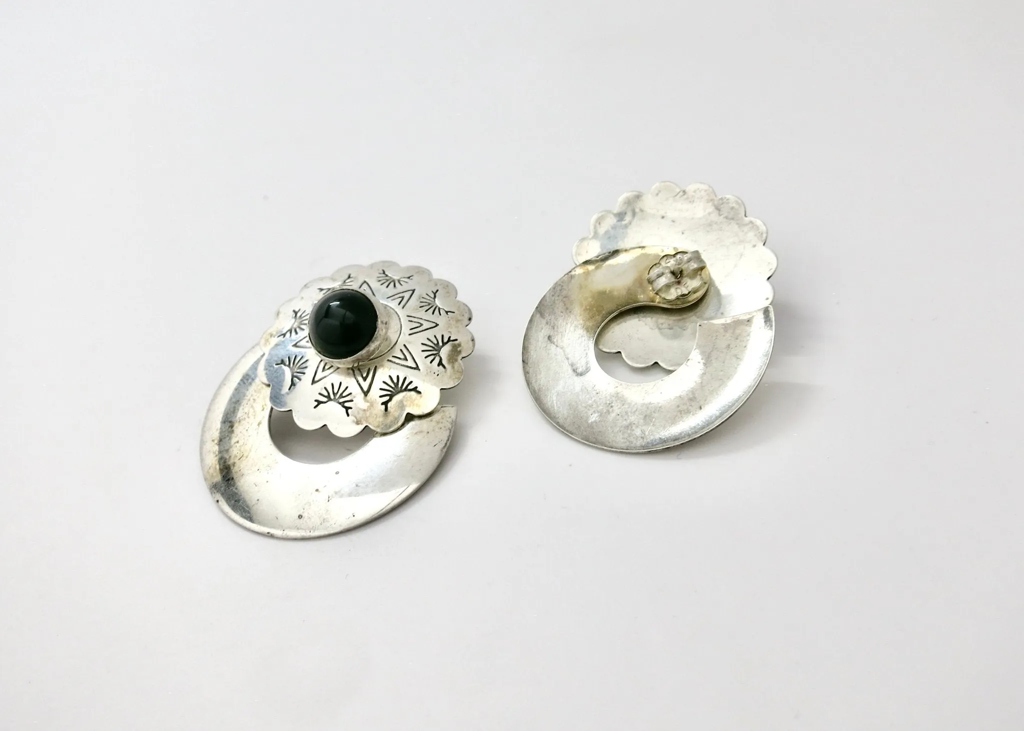 Rare, Native American modular ear jacket earrings with onyx studs