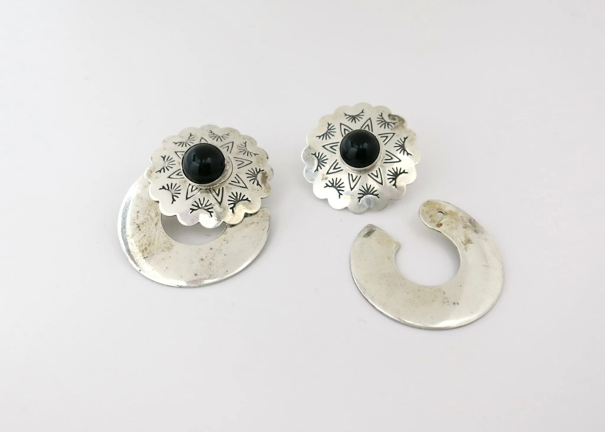 Rare, Native American modular ear jacket earrings with onyx studs