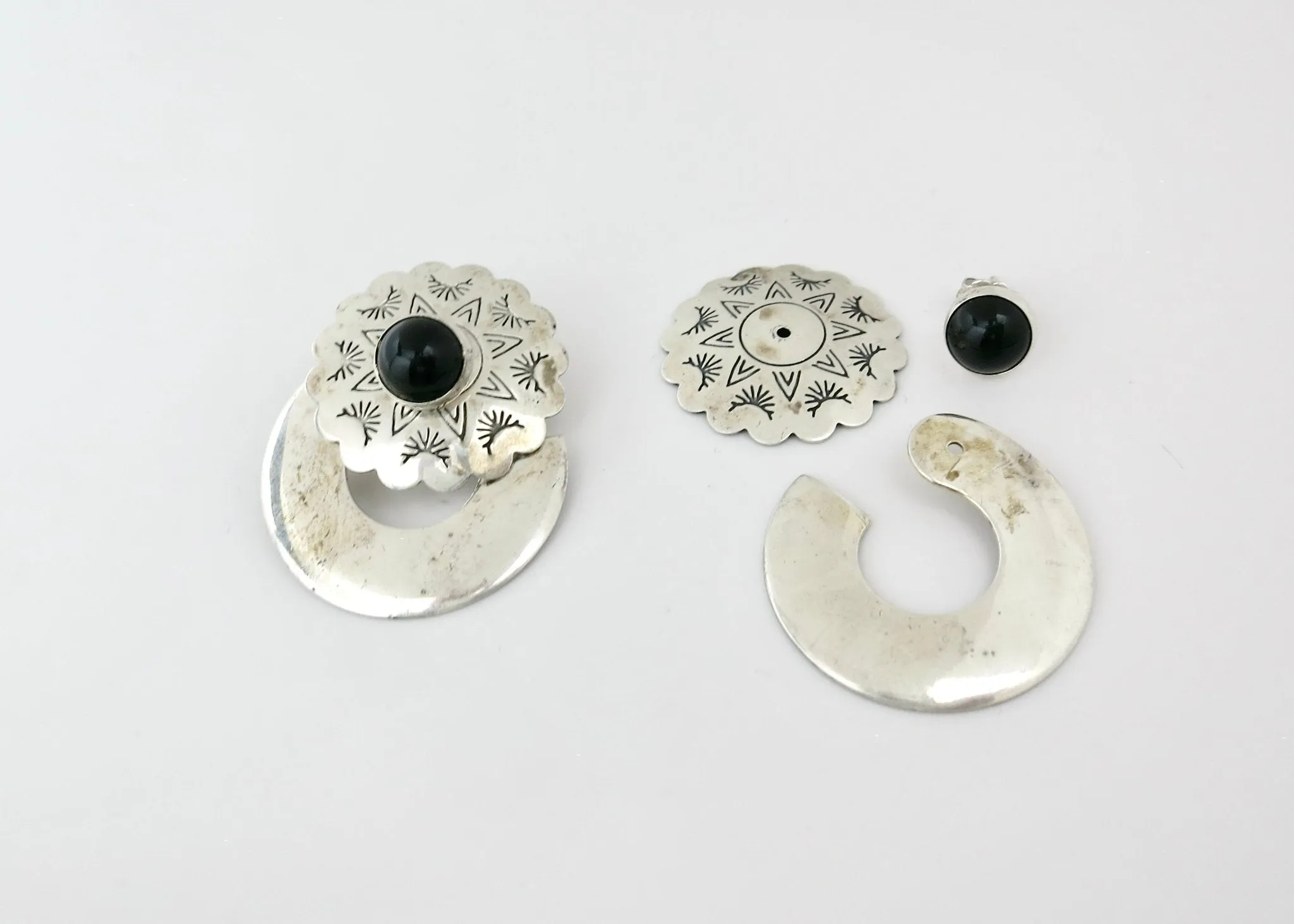 Rare, Native American modular ear jacket earrings with onyx studs