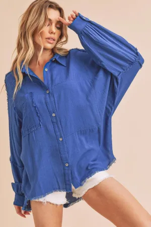 Raw Edge Exposed Seam Collared Neck Long Sleeve Shirt in Royal Blue Fashion