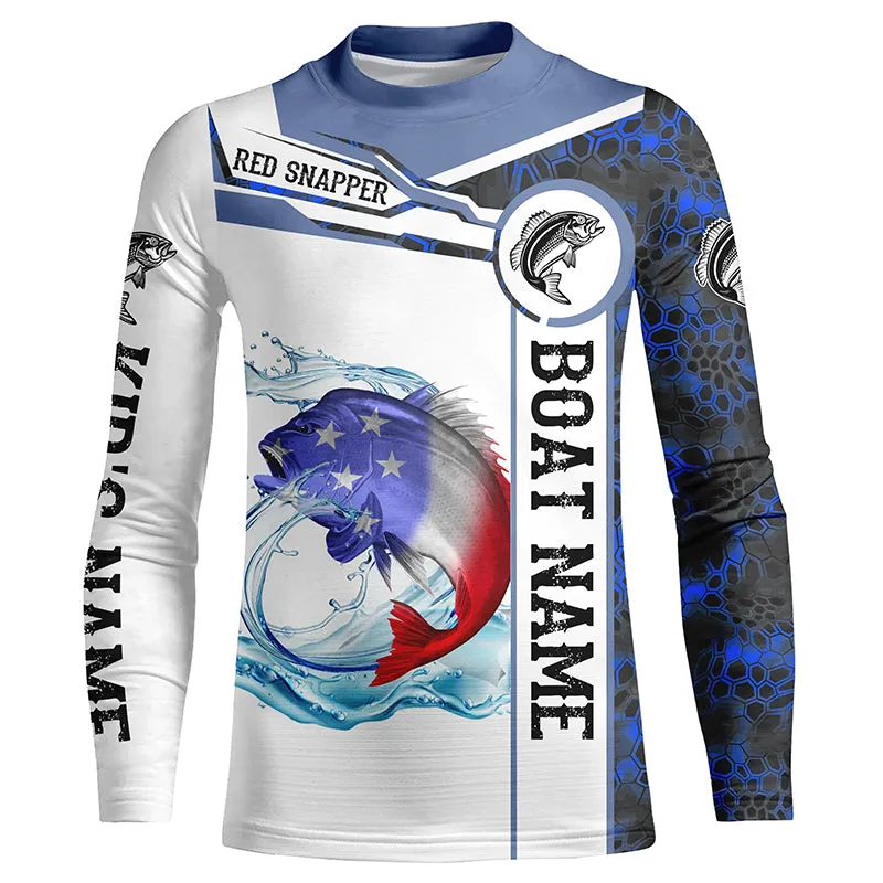 Red snapper Fishing blue camo American Flag Custom name and boat name Kid long sleeve Fishing Shirt NQS5192