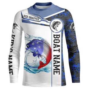 Red snapper Fishing blue camo American Flag Custom name and boat name Kid long sleeve Fishing Shirt NQS5192