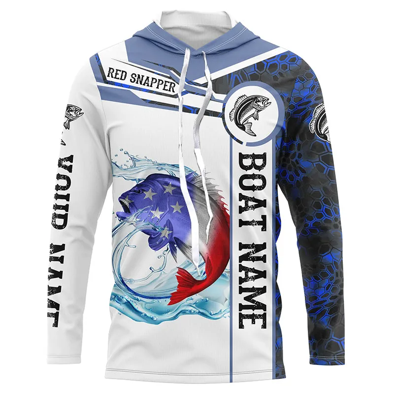 Red snapper Fishing blue camo American Flag Custom name and boat name Long Sleeve  Fishing Shirts NQS5192