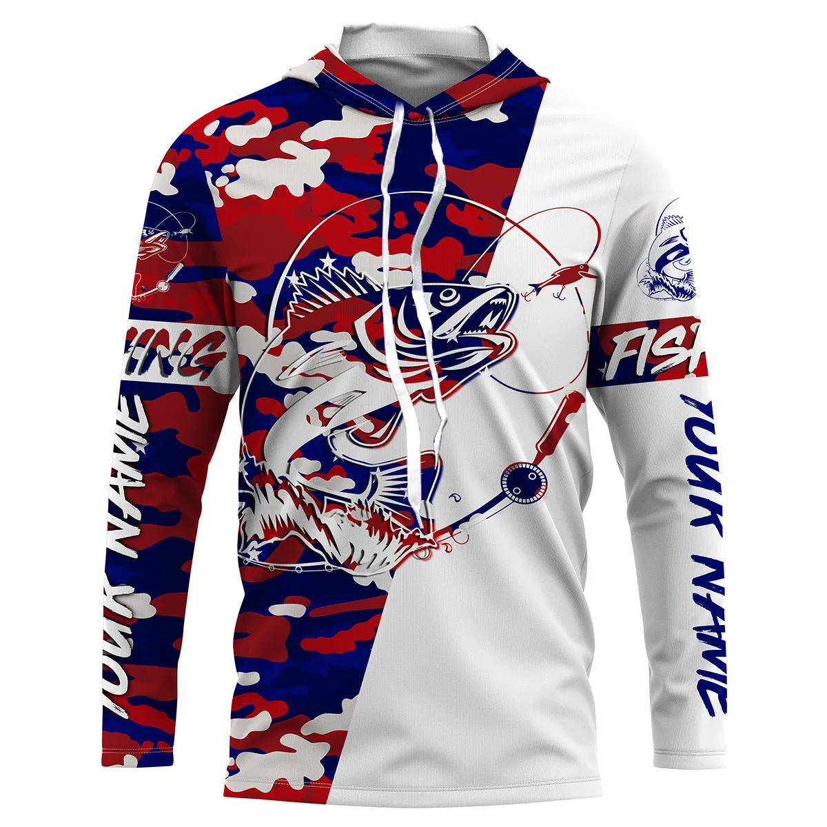 Red,White and Blue camo Custom Walleye Long Sleeve Fishing Shirts, Patriotic Fishing apparel gifts IPHW2020