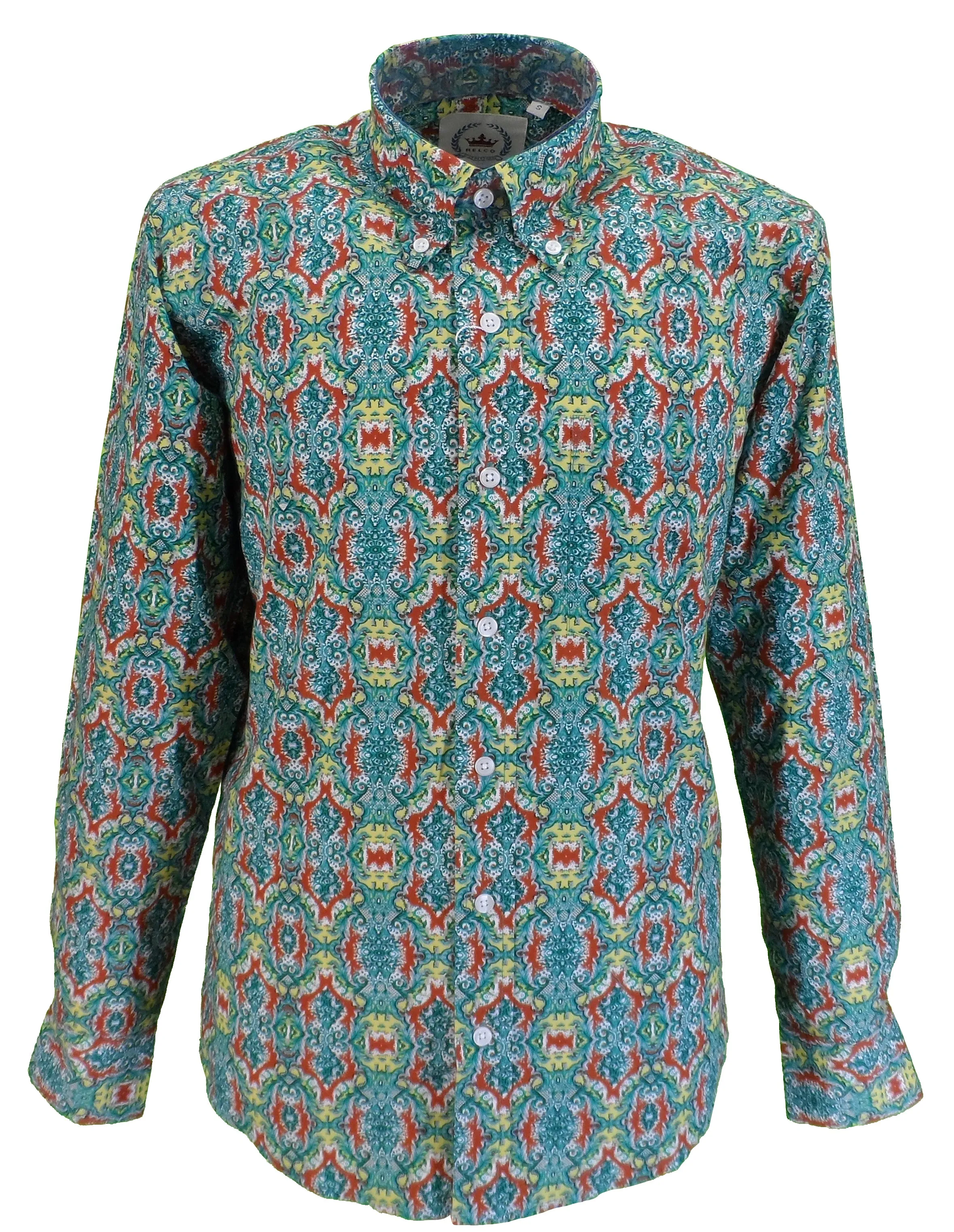 Relco Mens Green Retro Psychedelic Patterned Button Down Shirts