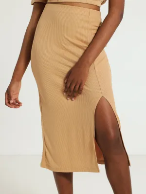 Rib Thigh Slit Midi Skirt - Caramel