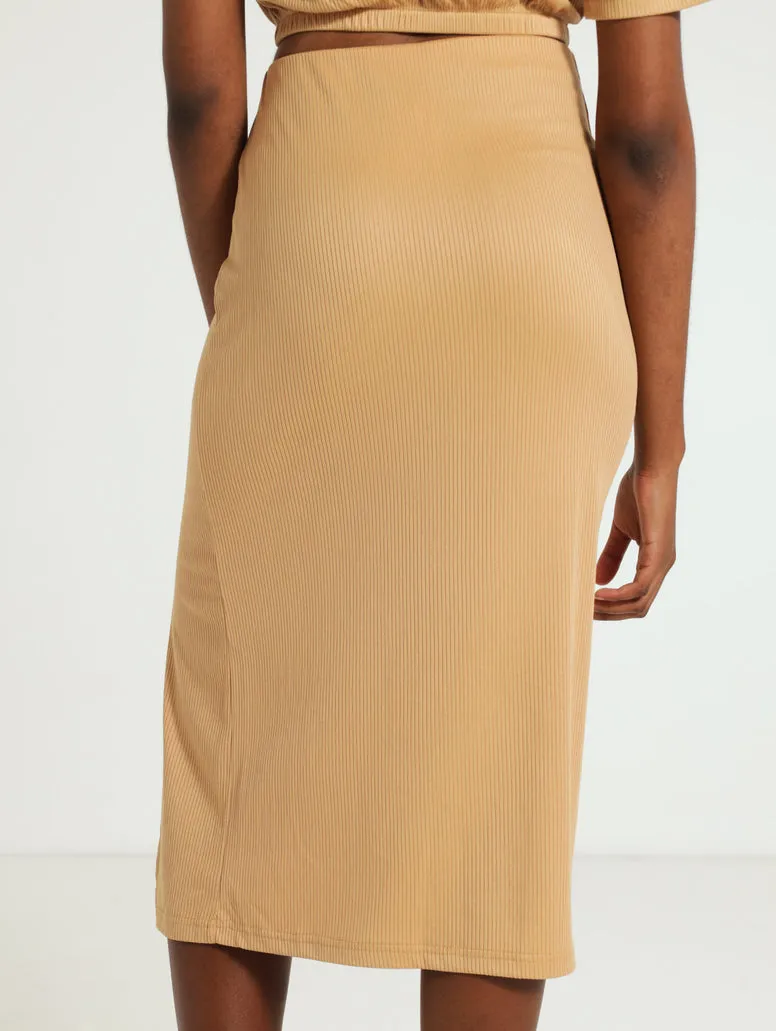 Rib Thigh Slit Midi Skirt - Caramel
