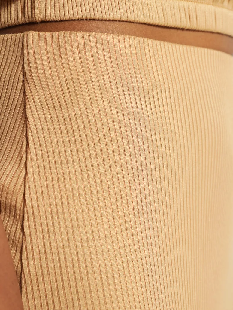 Rib Thigh Slit Midi Skirt - Caramel