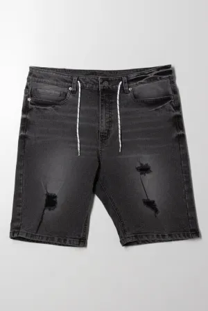 Ripped Denim Short With Drawstring Black