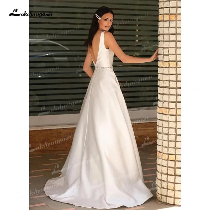 Roycebridal 2024 A-Line Soft Satin Wedding Dresses Beaded Sashes V-Neck Simple Sleeveless Backless Floor-Length Bridal Gown Off The Shoulder