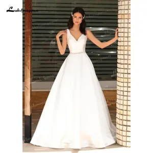 Roycebridal 2024 A-Line Soft Satin Wedding Dresses Beaded Sashes V-Neck Simple Sleeveless Backless Floor-Length Bridal Gown Off The Shoulder