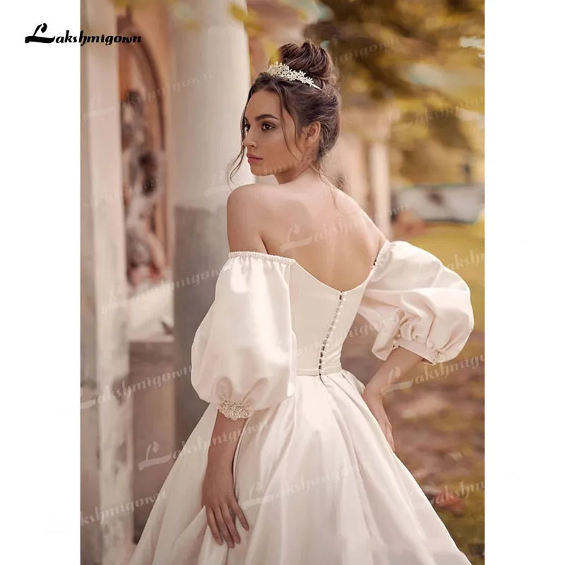 Roycebridal Soft Satin A-Line Wedding Dresses Sweetheart Neck Puff Half Sleeve With Beading Corset Open Back Chapel Train Bride Gowns Pleat
