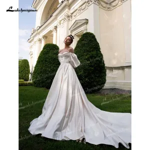 Roycebridal Soft Satin A-Line Wedding Dresses Sweetheart Neck Puff Half Sleeve With Beading Corset Open Back Chapel Train Bride Gowns Pleat