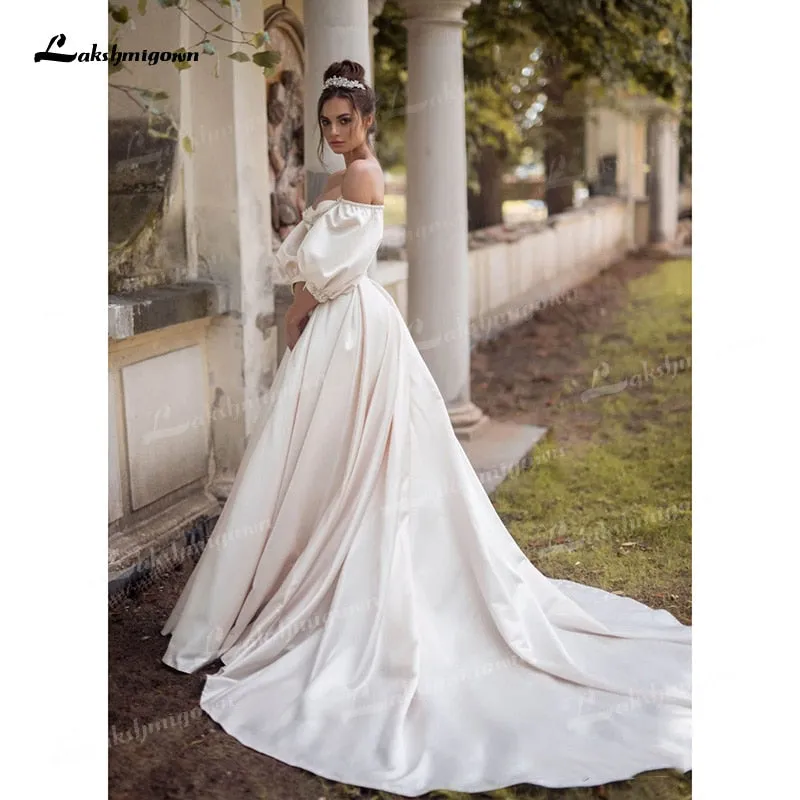 Roycebridal Soft Satin A-Line Wedding Dresses Sweetheart Neck Puff Half Sleeve With Beading Corset Open Back Chapel Train Bride Gowns Pleat