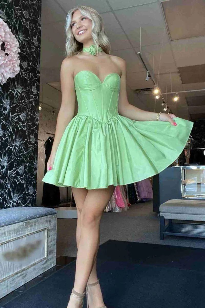Sage Strapless Satin Short Homecoming Dresses