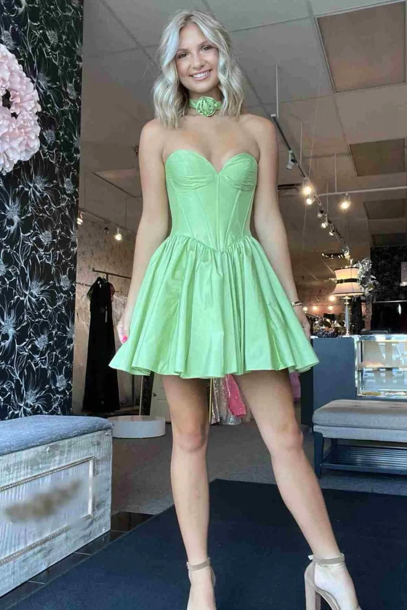 Sage Strapless Satin Short Homecoming Dresses