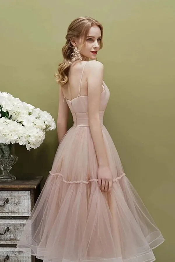 Sage Tulle Spaghetti Straps Tea Length Short Prom Dress, Homecoming Dress, SH584