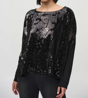 Sequined Velvet Long Sleeve Top In Black