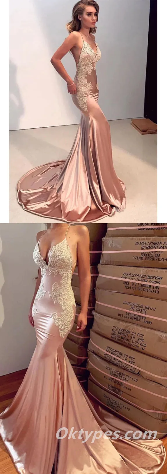 Sexy Spaghetti Straps V-Neck Mermaid Long Prom Dresses With Applique,PDS0344