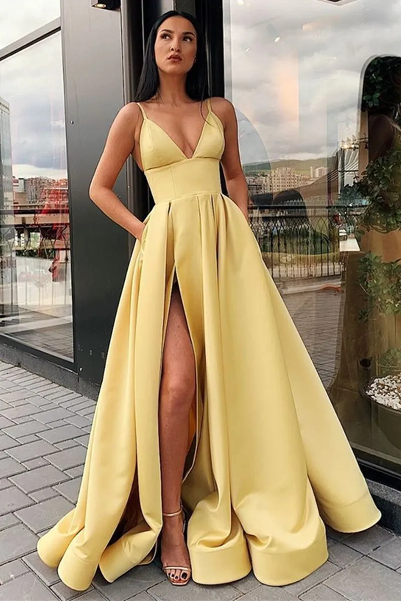 Sexy V Neck Emerald Green Yellow Long Prom Dress with High Split, Emerald Green Yellow Formal Graduation Evening Dress