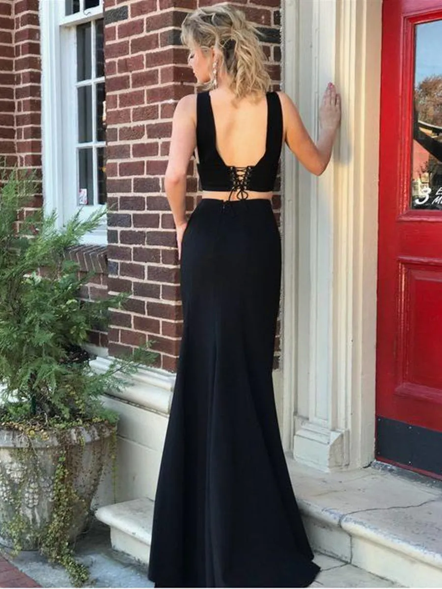 Sexy V Neck Two Pieces Mermaid Black Prom Dresses, Black Mermaid Formal Dresses, Two Pieces Black Evening Dresses