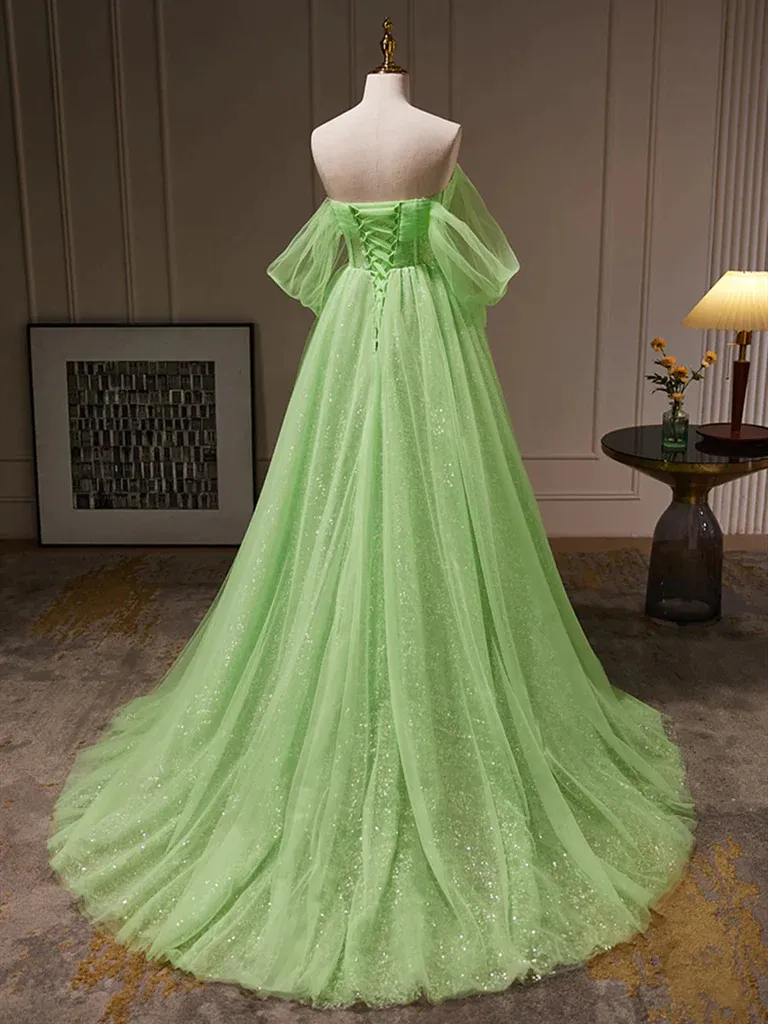 Shiny Off  Shoulder Green Tulle Long Prom Dresses， Off the Shoulde Green Long Formal Evening Graduation Dresses