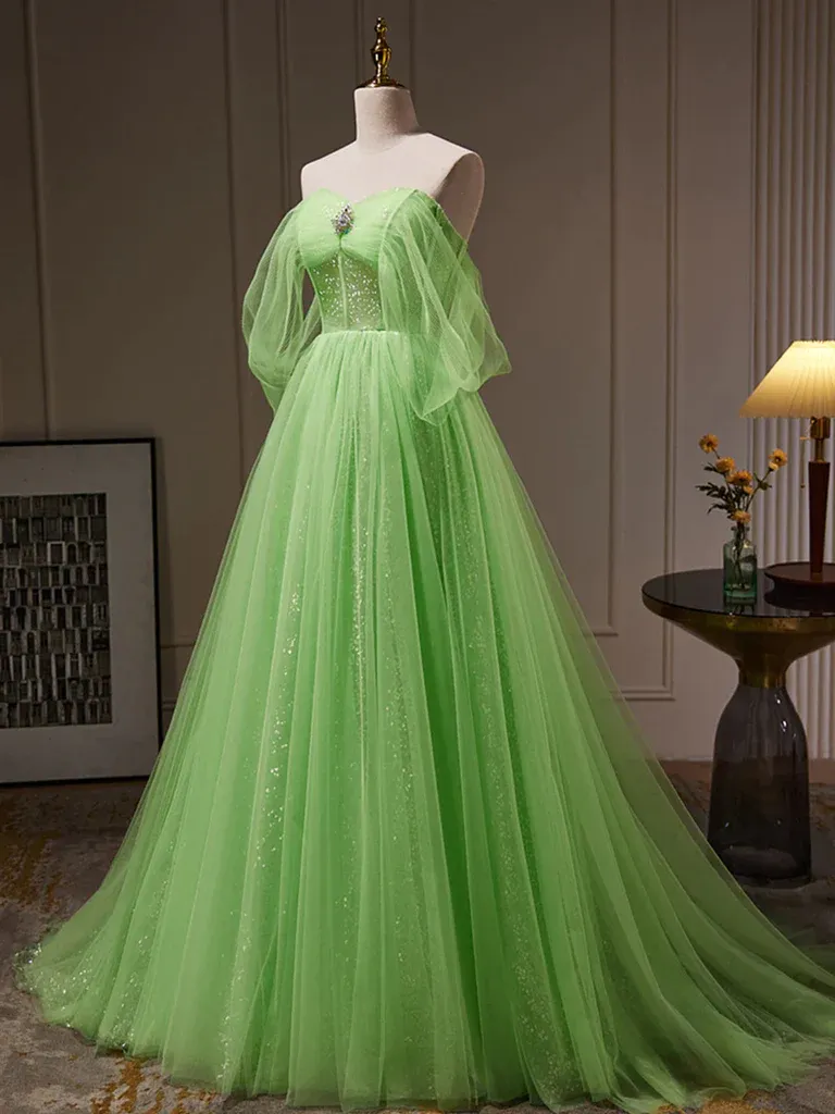 Shiny Off  Shoulder Green Tulle Long Prom Dresses， Off the Shoulde Green Long Formal Evening Graduation Dresses