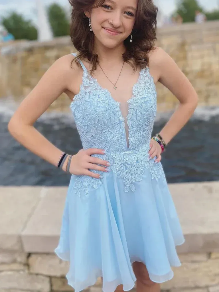 Short V Neck Light Blue Lace Prom Dresses, Light Blue Lace Backless Formal Evening Homecoming Dresses