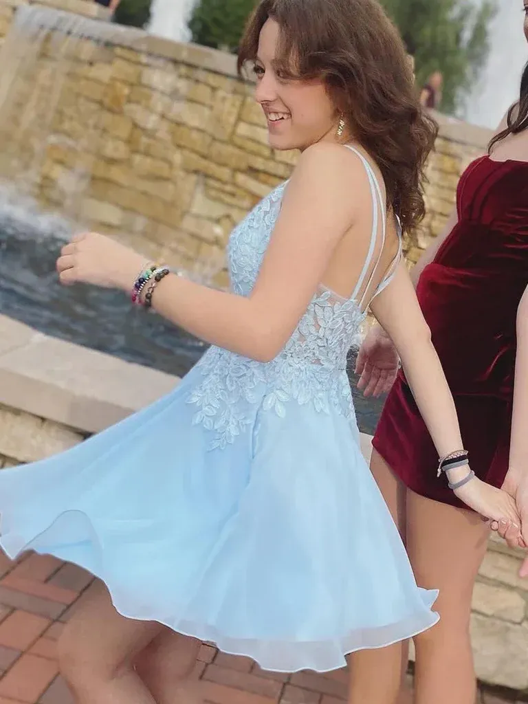 Short V Neck Light Blue Lace Prom Dresses, Light Blue Lace Backless Formal Evening Homecoming Dresses