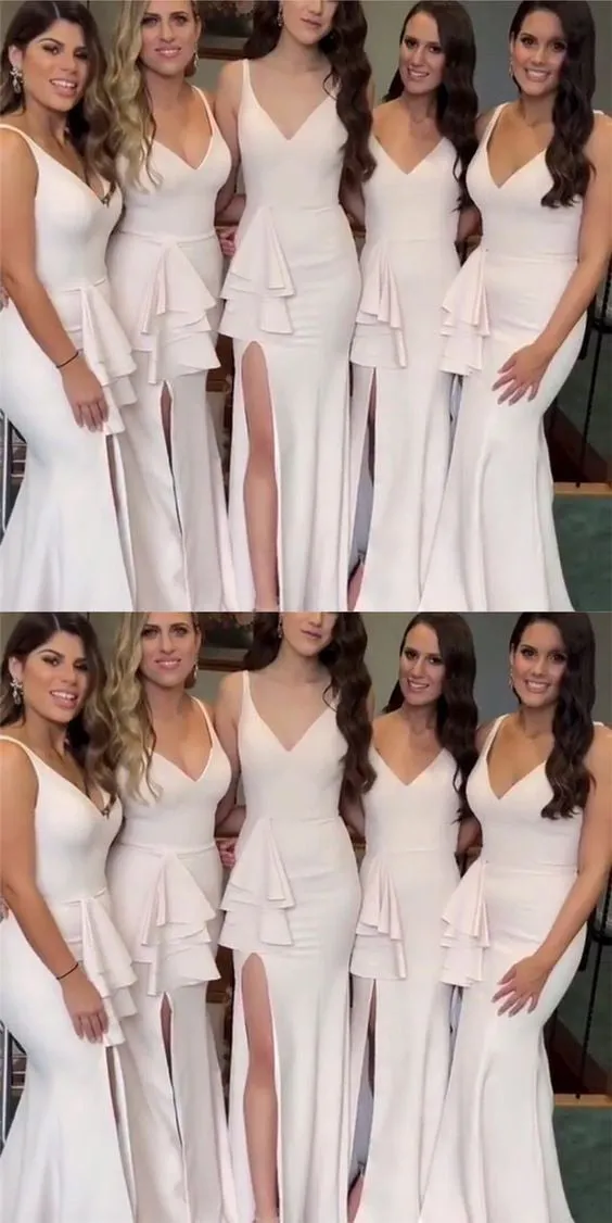 Side Split Mermaid V Neck Cheap Long Wedding Bridesmaid Dresses, BGP281