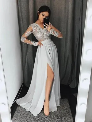 Silver Grey A Line V Neck Long Sleeves Lace Prom Dress, Silver Gray Lace Formal Dress, Graduation Dress