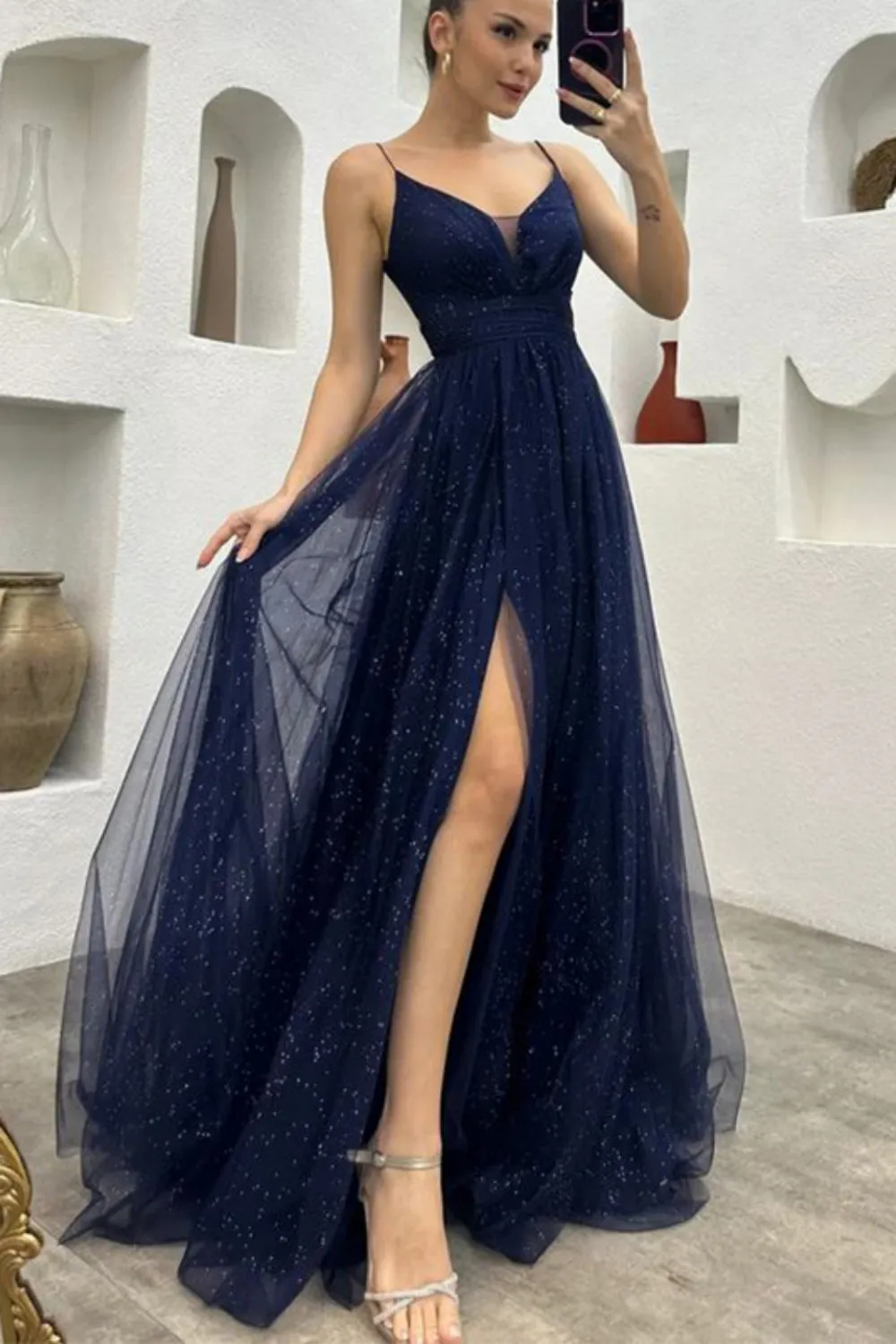 Simple Spaghetti Strap V-neck Sleeveless A-line Tulle Long Prom Dresses Online, OL567