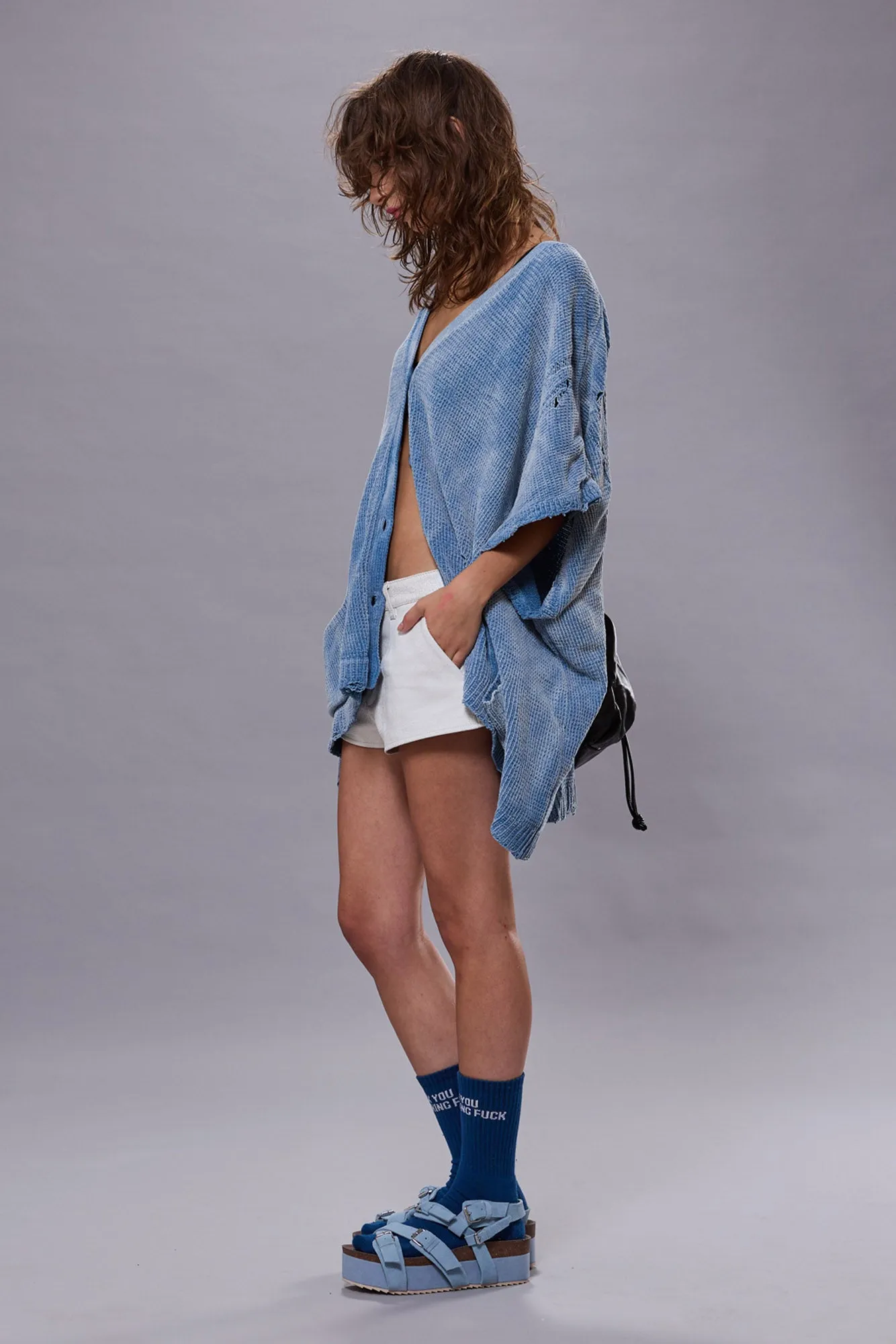 SLEEVELESS BOXY CARDIGAN DRESS - LIGHT BLUE
