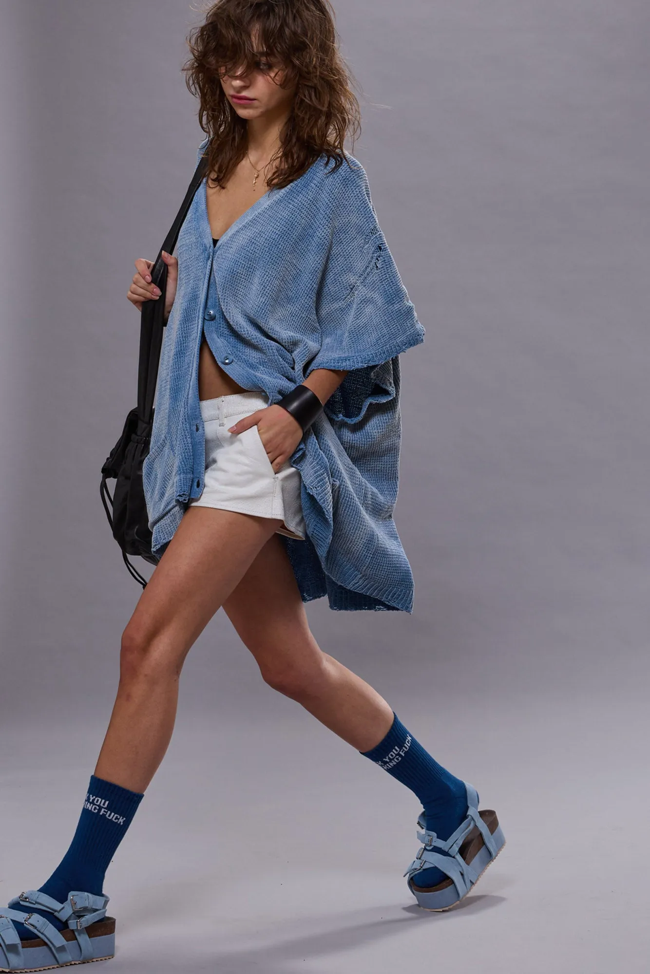 SLEEVELESS BOXY CARDIGAN DRESS - LIGHT BLUE