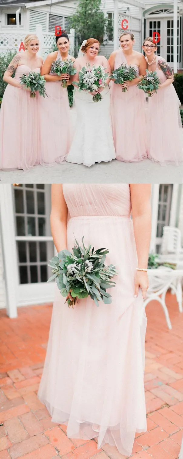 Soft Pink Lovely Tull Mismatched  Cheap Bridesmaid Dresses, Hot Sale Floor-length Formal Bridesmaid Dress Online , WG249
