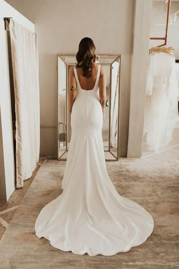 Soft Satin Mermaid Scoop Open Back Wedding Dresses With Court Train, SW400