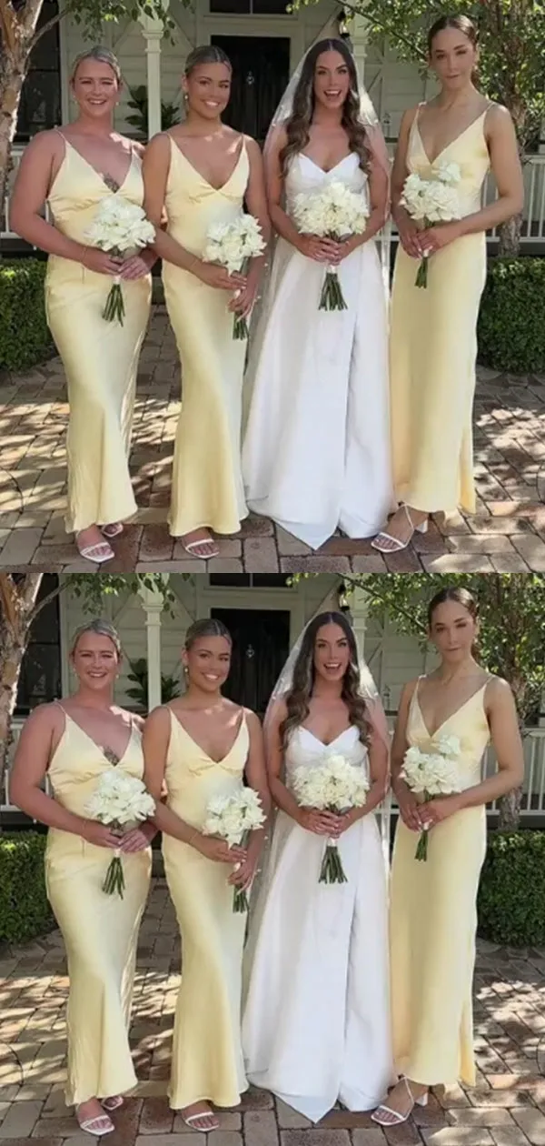 Soft Spaghetti Strap V-neck Sleeveless Mermaid Satin Bridesmaid Dresses Online, BG862