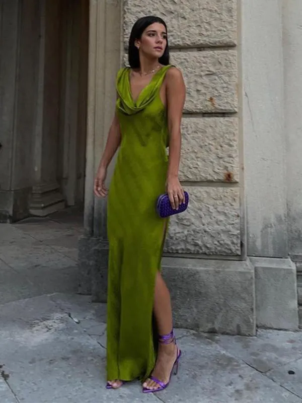 Soft V-neck Sleeveless Mermaid Satin Long Evening Prom Dresses Online, OLP653