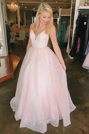 Sparkly A Line V Neck Pink Long Prom Dress, V Neck Pink Formal Graduation Evening Dress